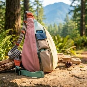 KAVU Rope Sling Bag Colorblock Pink Tan Yellow Blue Crossbody Outdoors Nature